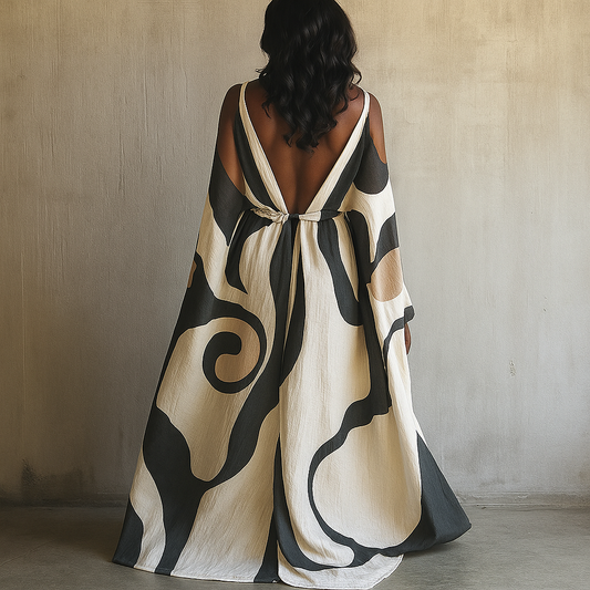Bata Larga de Lino para Mujer en Blanco y Negro con Cuello en V Estilo Artístico