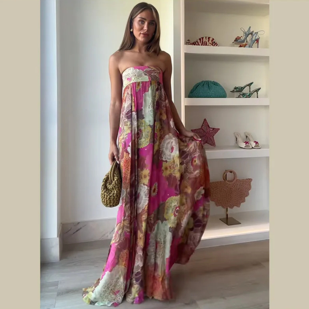 Vestido Largo Floral sin Tirantes Palabra de honor