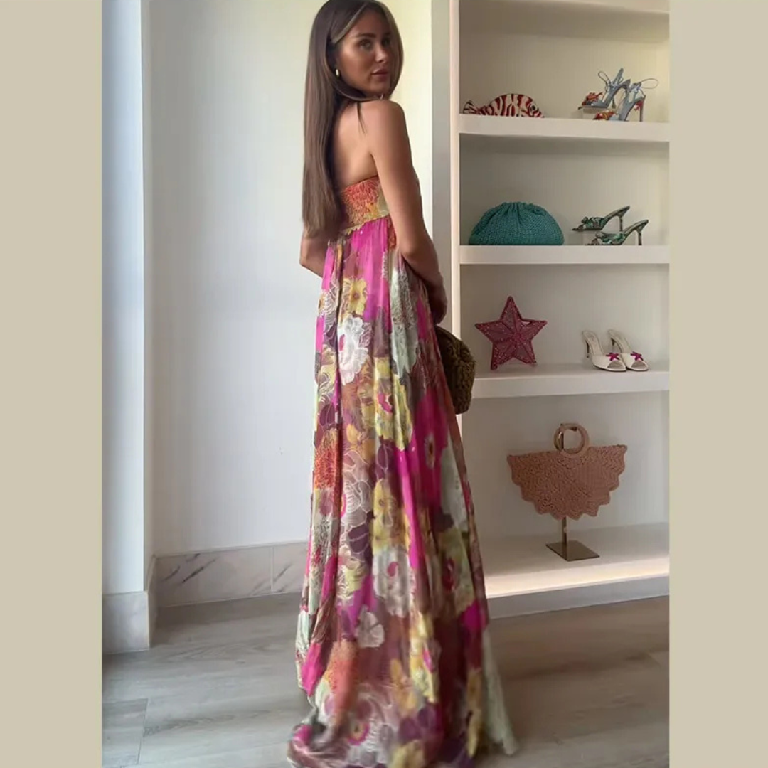 Vestido Largo Floral sin Tirantes Palabra de honor