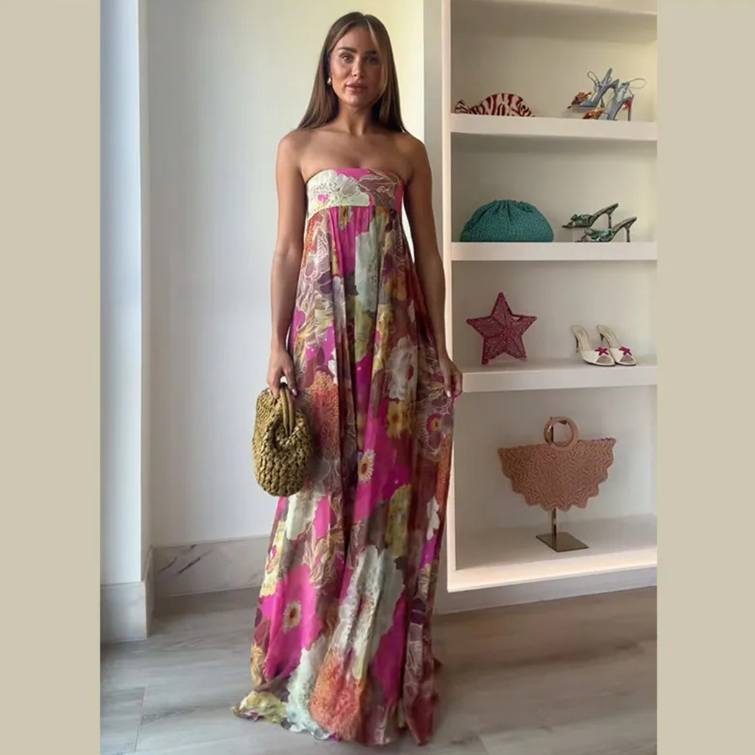 Vestido Largo Floral sin Tirantes Palabra de honor