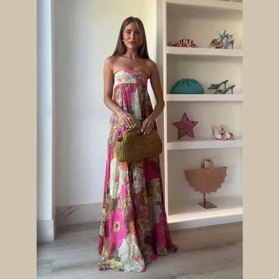 Vestido Largo Floral sin Tirantes Palabra de honor