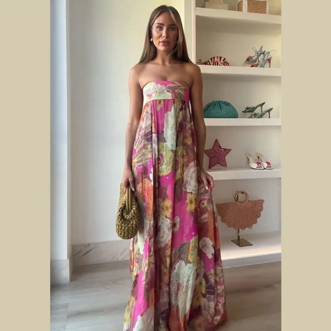 Vestido Largo Floral sin Tirantes Palabra de honor