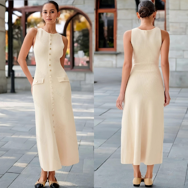 Elea | Vestido midi de punto con botones dorados
