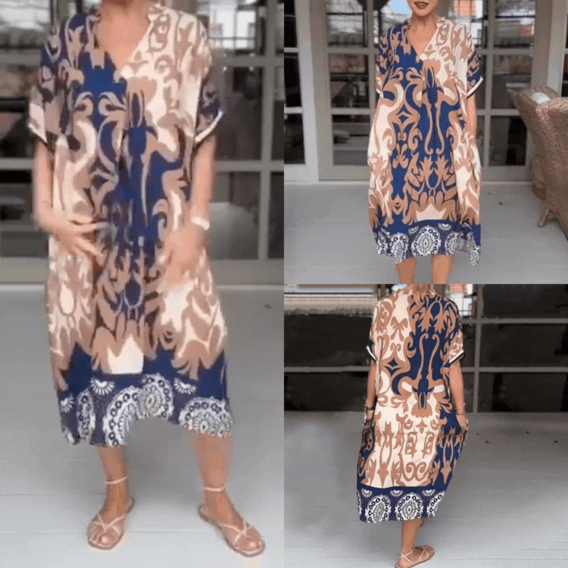 Vestido Holgado de Algodón Estampado – Escote en V y Estilo Natural