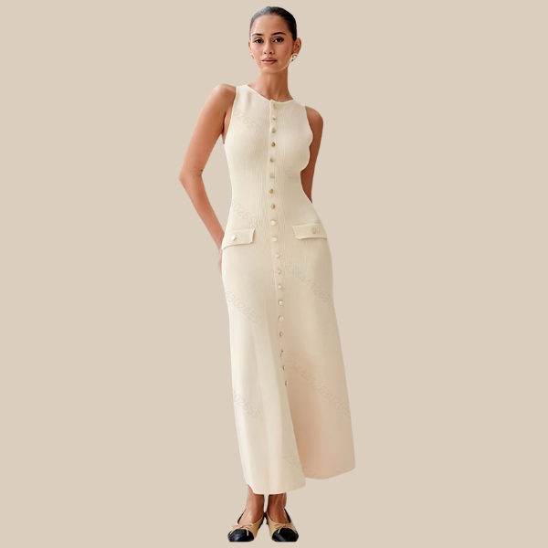 Elea | Vestido midi de punto con botones dorados
