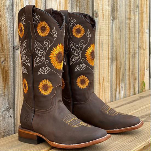 Botas Western Sunflower – Cuero Premium con Bordado de Girasoles