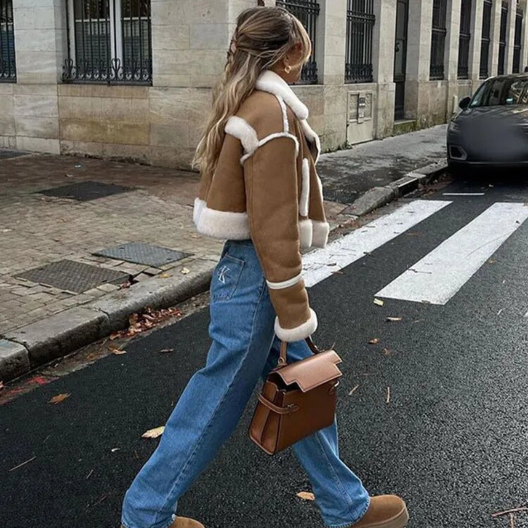 Chaqueta de Serraje con Borreguito Mujer – Estilo Corto Cropped y Forro Aterciopelado