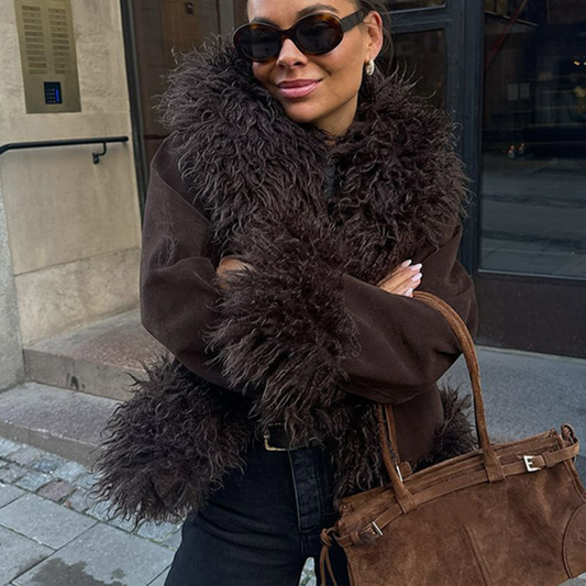 Chaqueta efecto piel con cuello y mangas de pelo – Estilo boho chic