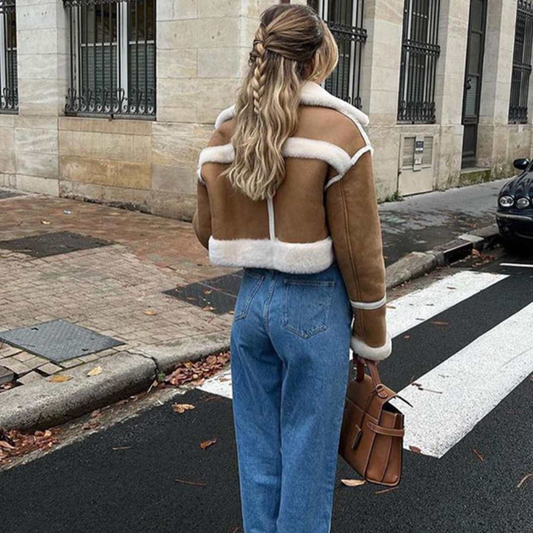 Chaqueta de Serraje con Borreguito Mujer – Estilo Corto Cropped y Forro Aterciopelado