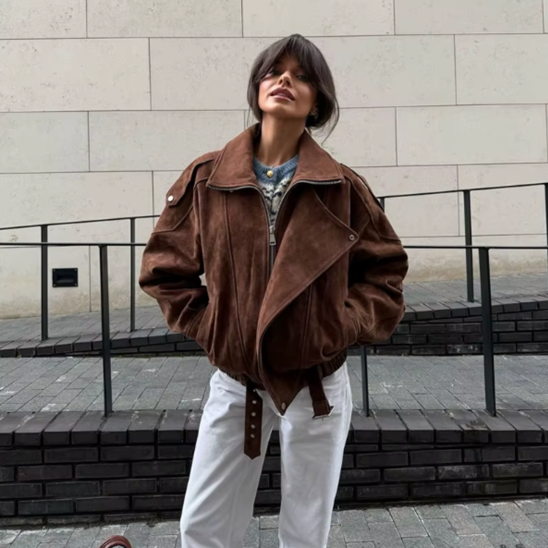 Chaqueta Biker de Serraje Mujer – Estilo Oversize con Cinturón