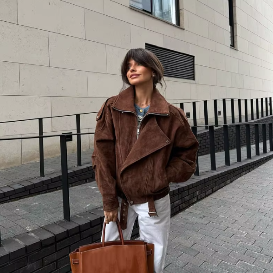 Chaqueta Biker de Serraje Mujer – Estilo Oversize con Cinturón