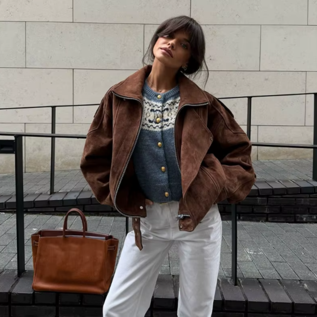 Chaqueta Biker de Serraje Mujer – Estilo Oversize con Cinturón