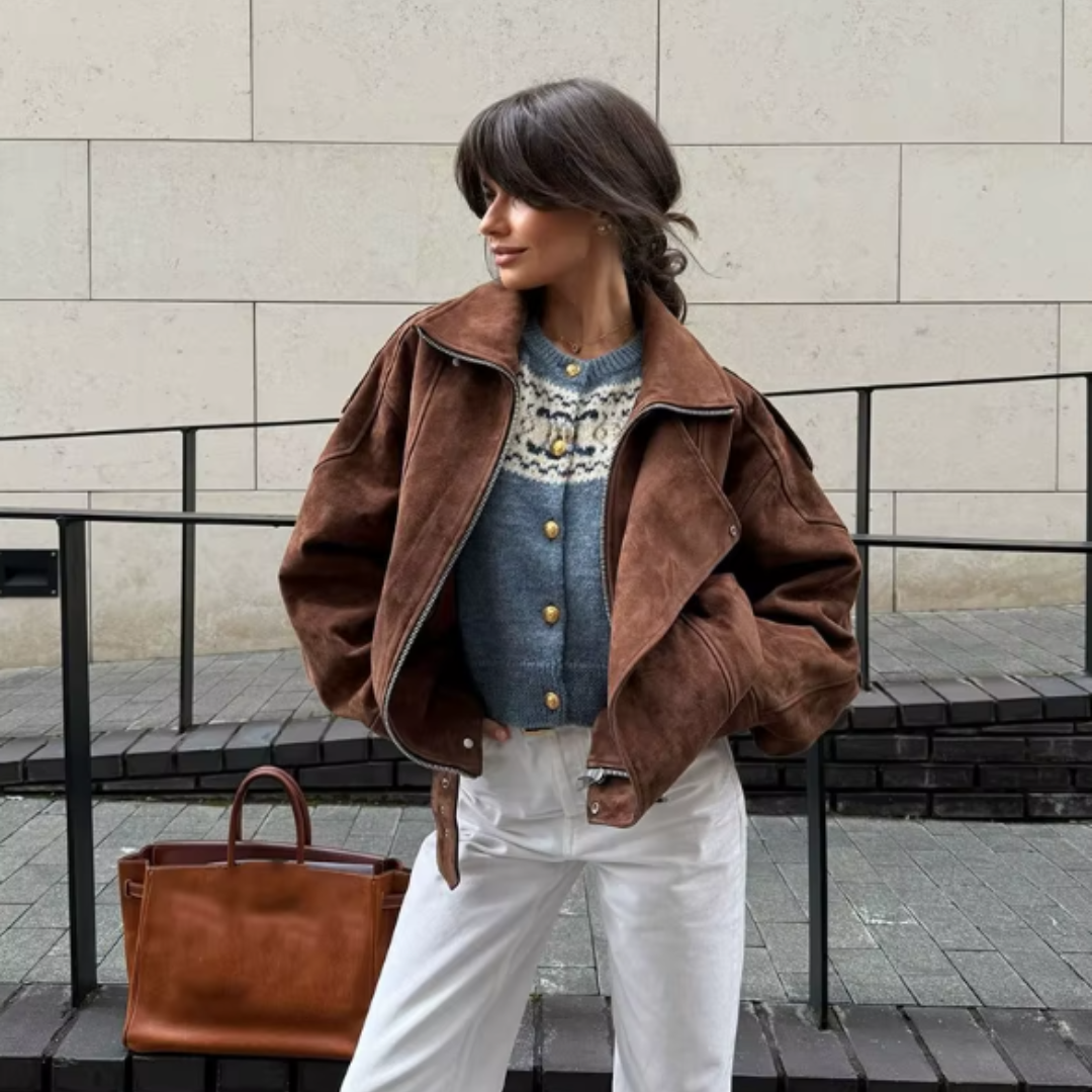 Chaqueta Biker de Serraje Mujer – Estilo Oversize con Cinturón