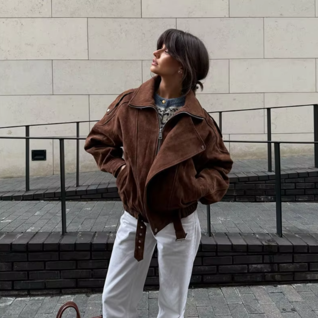 Chaqueta Biker de Serraje Mujer – Estilo Oversize con Cinturón