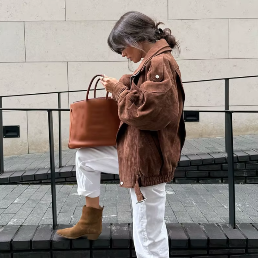 Chaqueta Biker de Serraje Mujer – Estilo Oversize con Cinturón