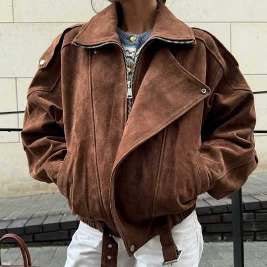 Chaqueta Biker de Serraje Mujer – Estilo Oversize con Cinturón