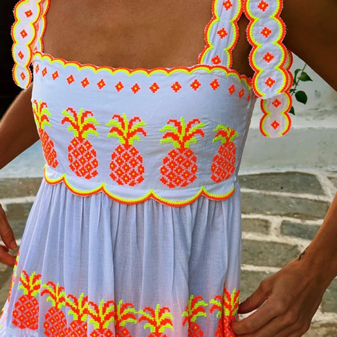 Vestido Largo Piña Tropical – Estilo Bohemio con Tirantes Anudados