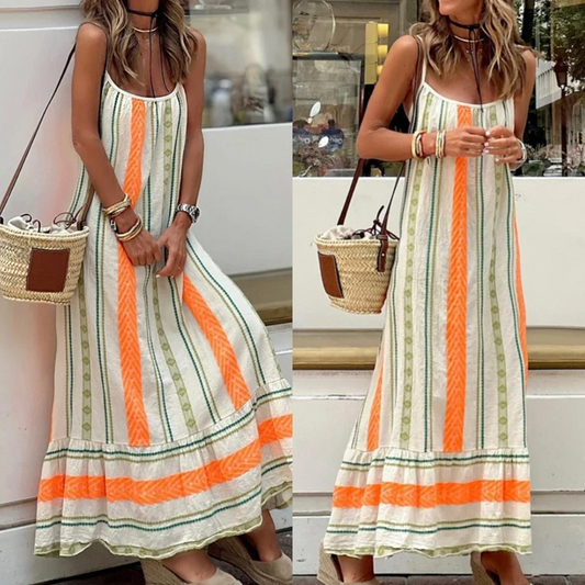 Vestido Maxi Rayas Cálidas – Estilo Boho Casual con Volantes