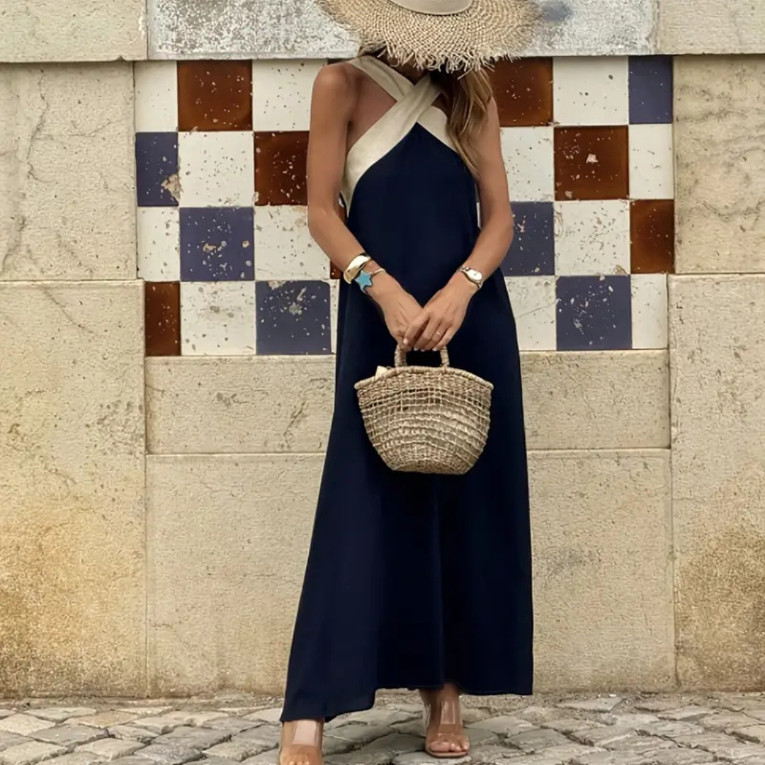 Vestido Maxi Cruzado Navy – Elegancia Minimalista para Todas las Tallas