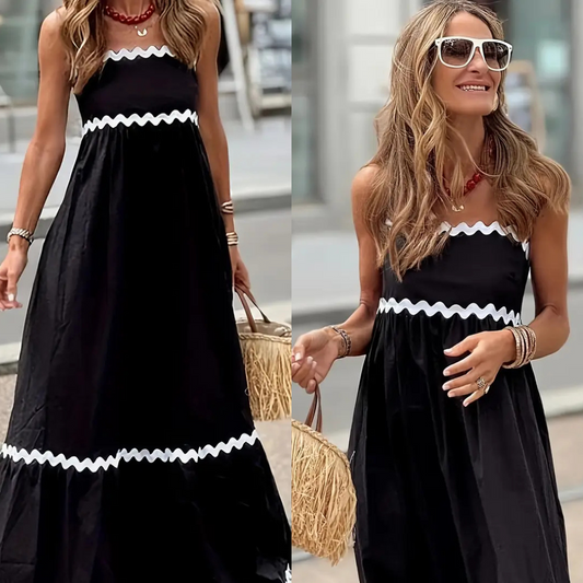 Vestido Maxi Negro Ondas Blancas – Elegancia Clásica con Detalles Modernos