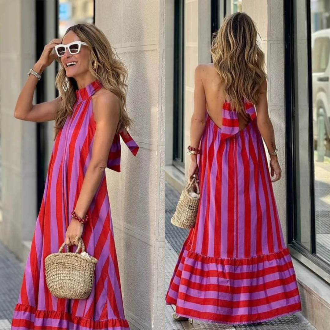 Vestido Maxi Rayas Abiertas – Estilo Veraniego con Espalda Descubierta