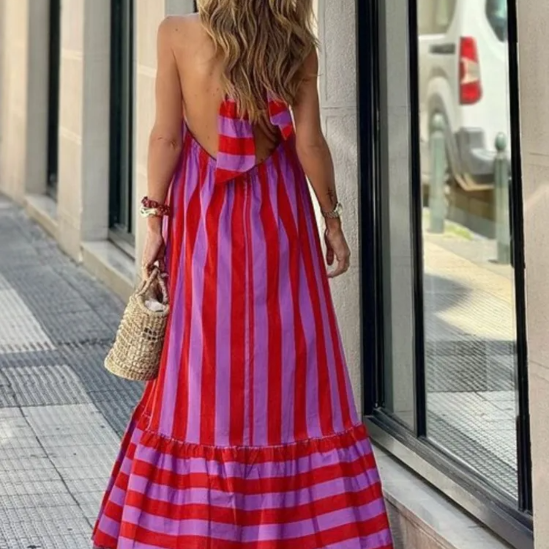 Vestido Maxi Rayas Abiertas – Estilo Veraniego con Espalda Descubierta