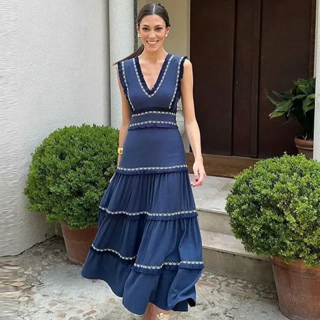 Vestido Letizia – Azul Marino con Detalles