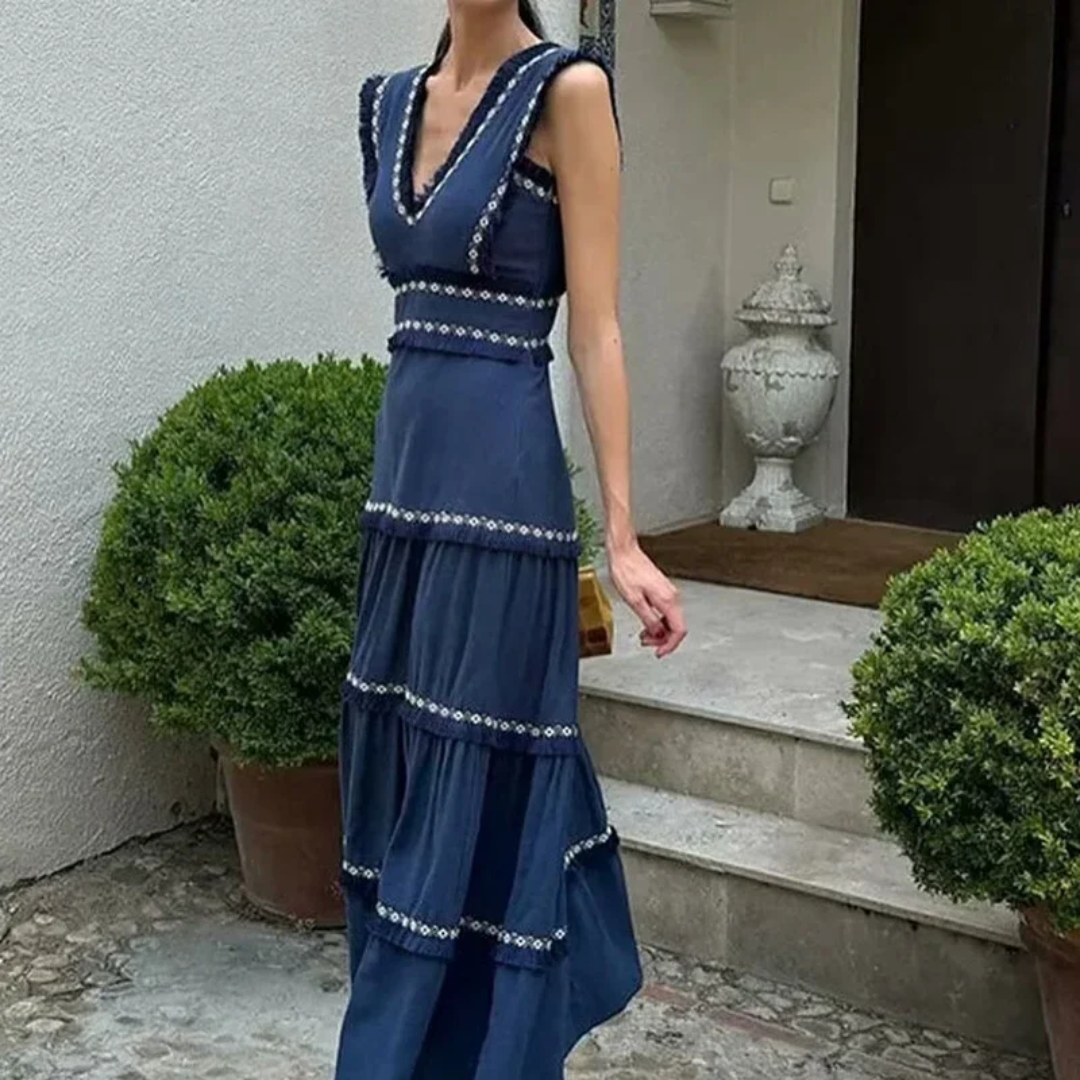 Vestido Letizia – Azul Marino con Detalles