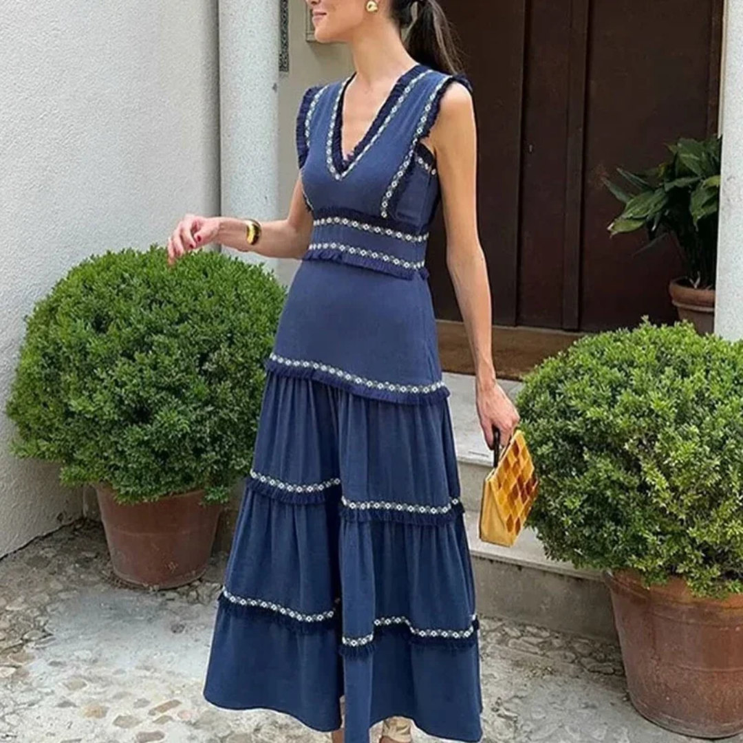 Vestido Letizia – Azul Marino con Detalles