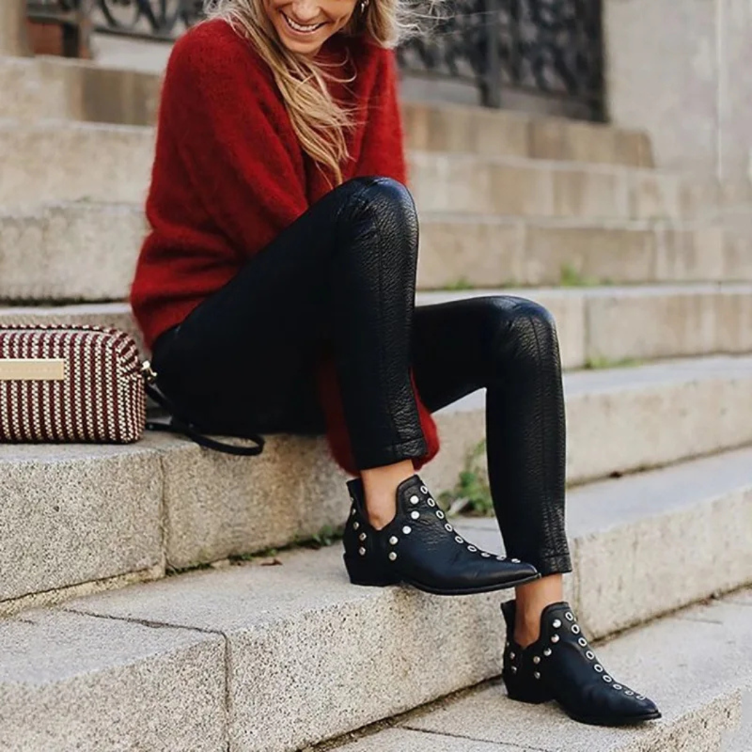 Botines de Serraje/Piel Mujer – Estilo Boho Chic con Tachuelas | Cómodos y Versátiles