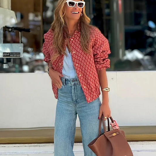 Chaqueta Bomber Estampada Étnica – Rojo Boho Chic