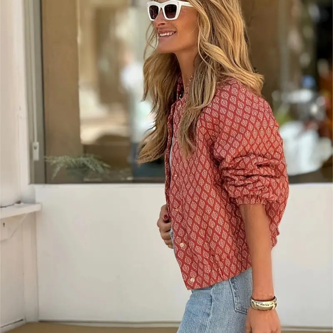 Chaqueta Bomber Estampada Étnica – Rojo Boho Chic