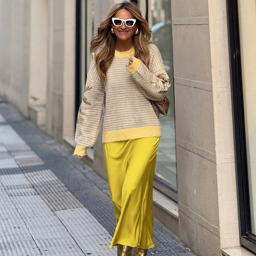 Jersey de Punto Rayas Amarillo & Beige Palm Beach– Detalle Lentejuelas