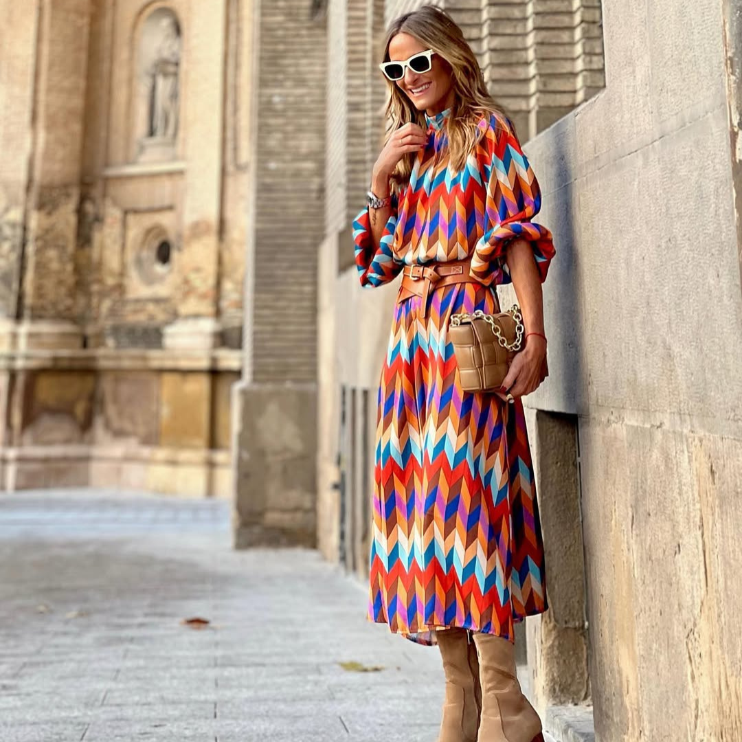 Vestido Midi Zigzag Multicolor – Estilo Retro Chic