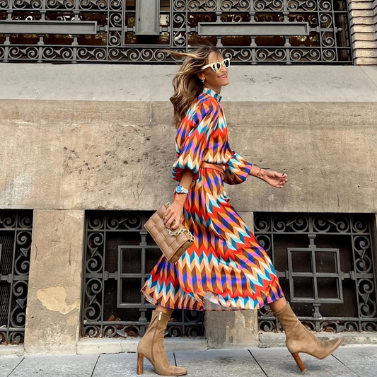 Vestido Midi Zigzag Multicolor – Estilo Retro Chic