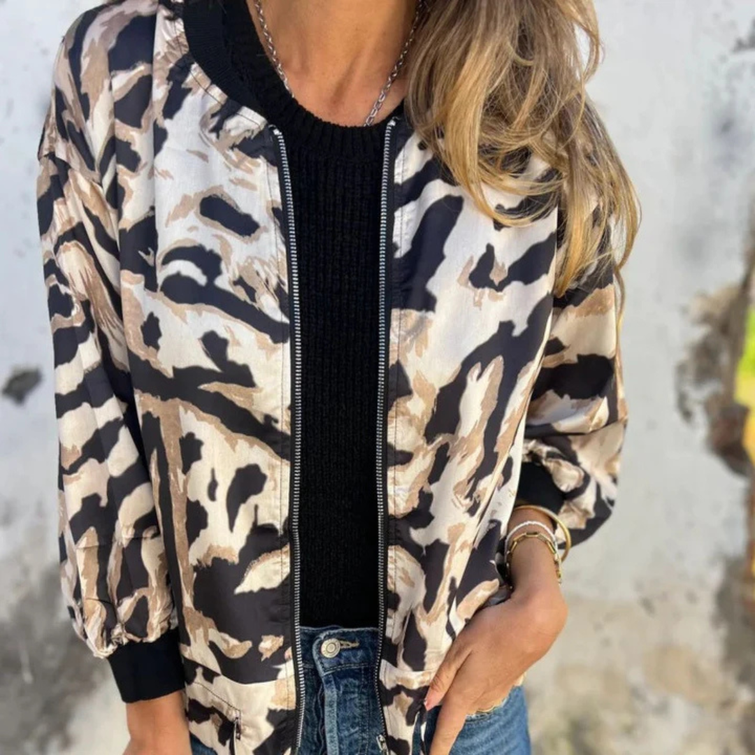 Sara - Chaqueta bomber estampado cebra con cremallera