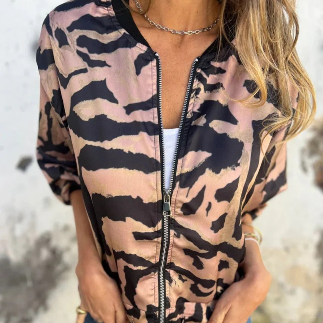 Sara - Chaqueta bomber estampado cebra con cremallera