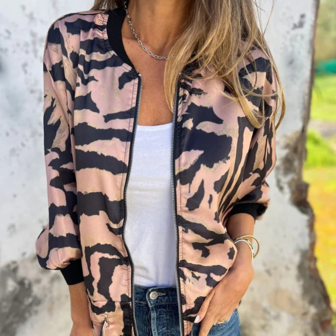 Sara - Chaqueta bomber estampado cebra con cremallera