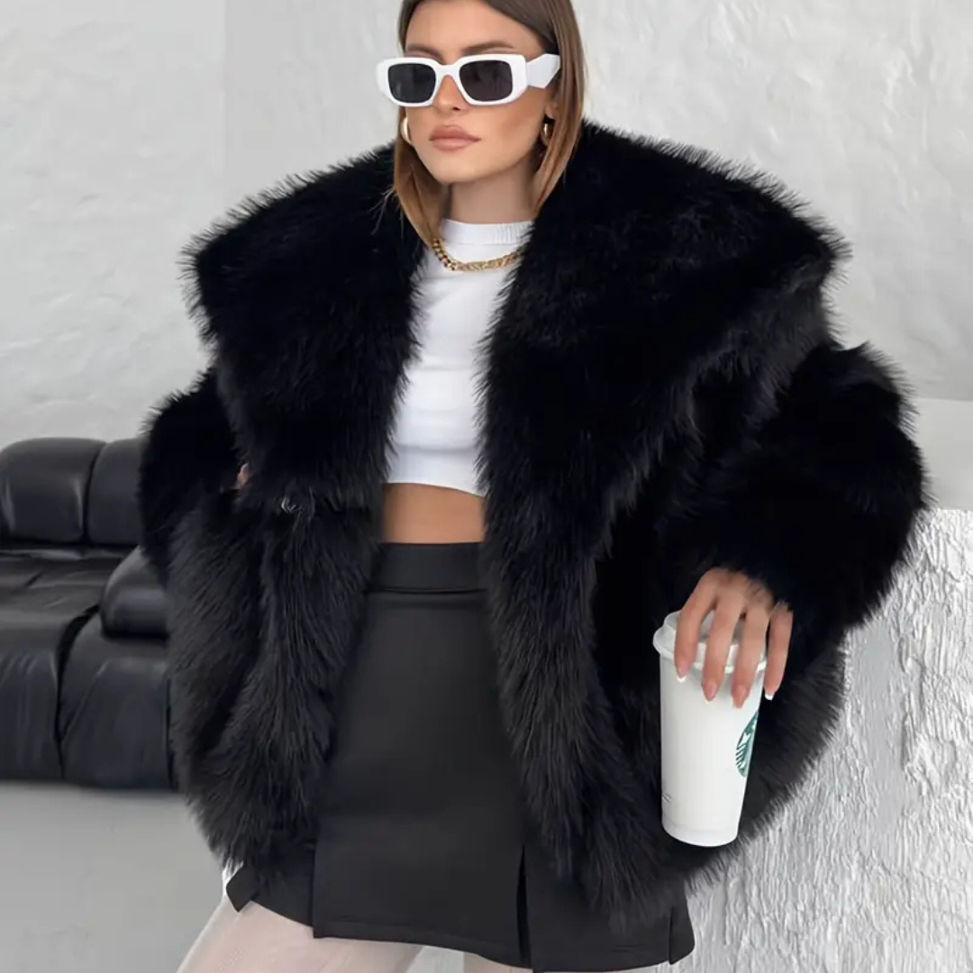 Chaqueta Pelo con solapa – Abrigo Elegante Negro/Beige | Estilo Urbano Chic y Versátil