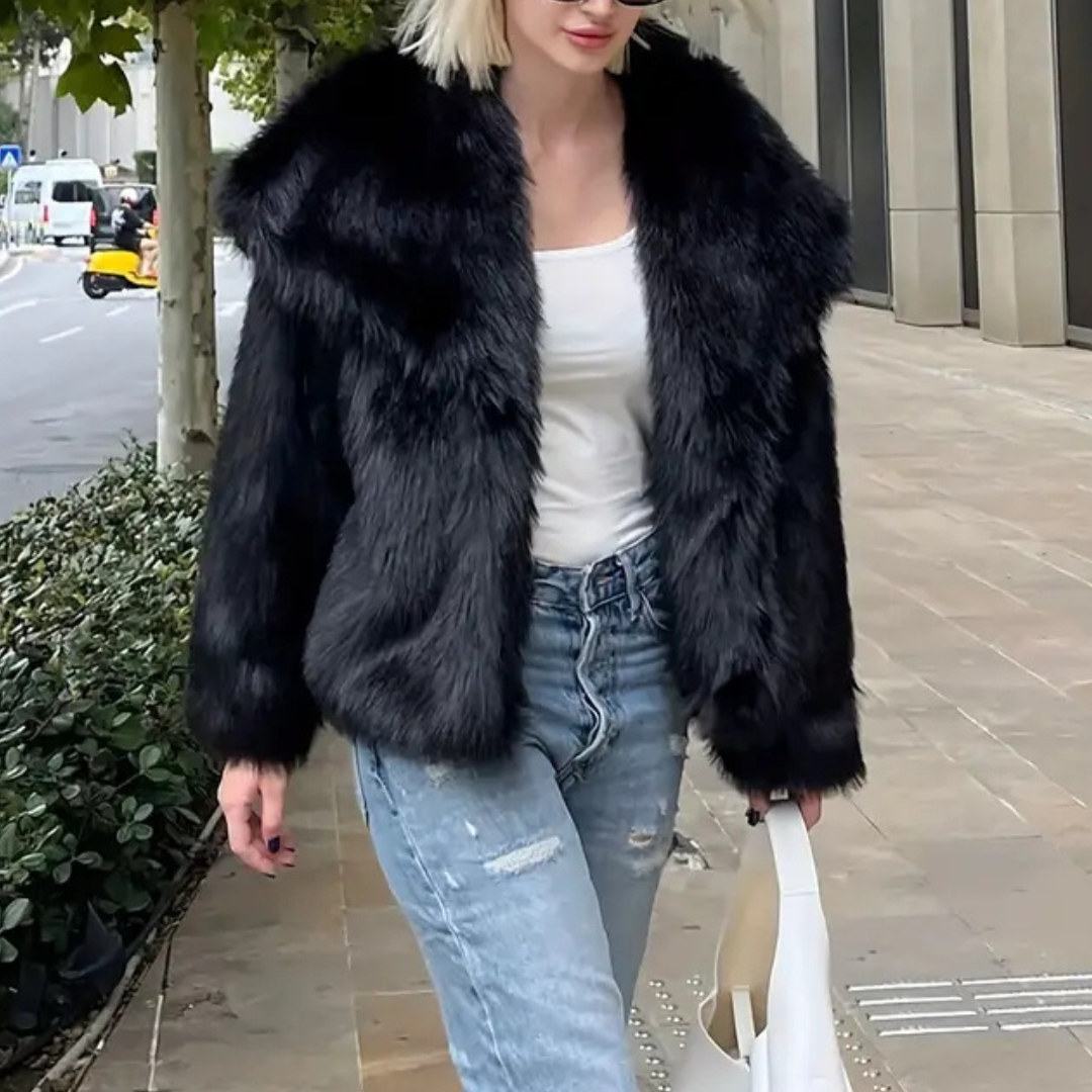 Chaqueta Pelo con solapa – Abrigo Elegante Negro/Beige | Estilo Urbano Chic y Versátil