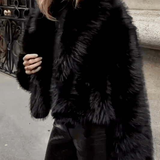 Chaqueta corta Pelo con solapa – Abrigo Elegante Negro | Estilo Urbano Chic y Versátil