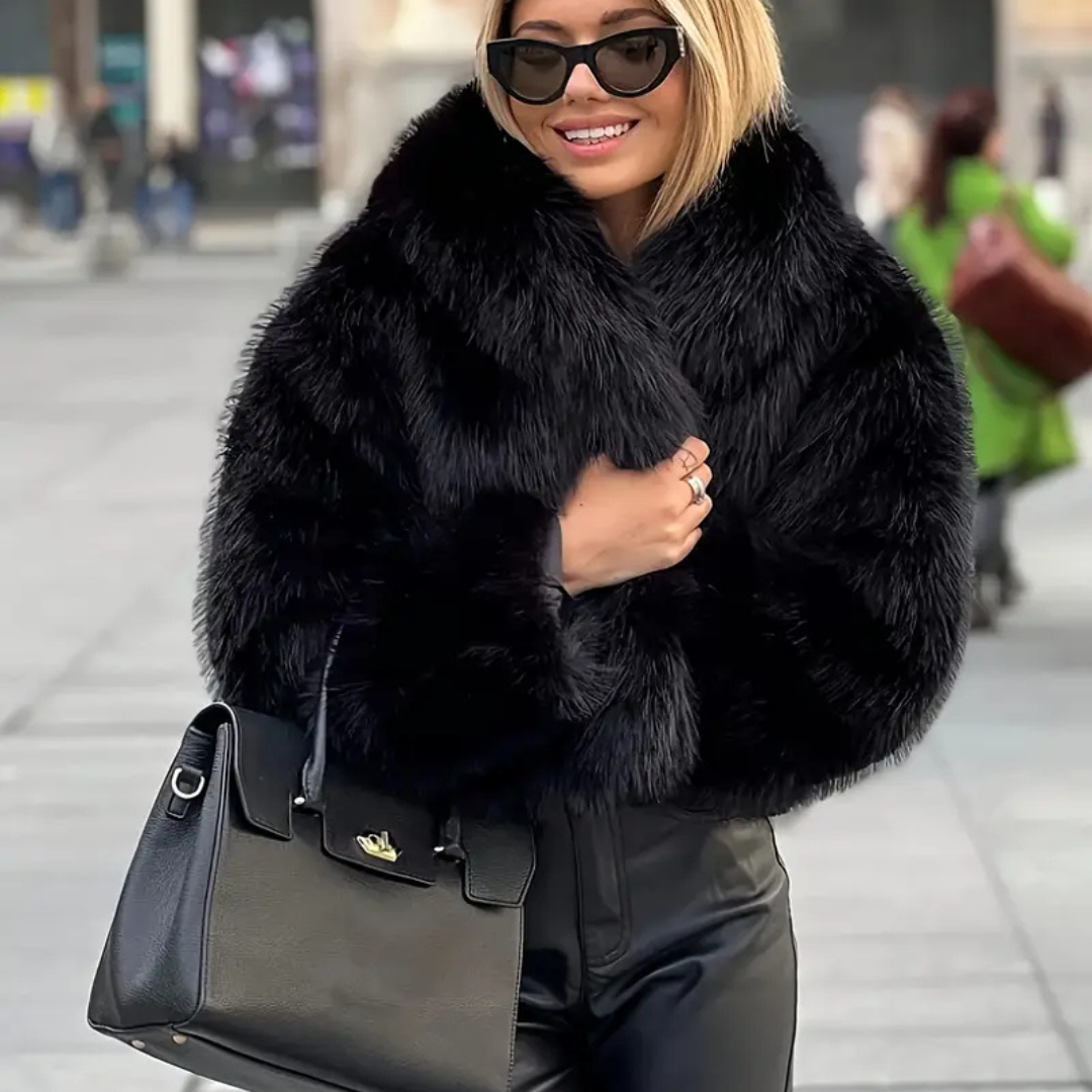 Chaqueta corta Pelo con solapa – Abrigo Elegante Negro | Estilo Urbano Chic y Versátil