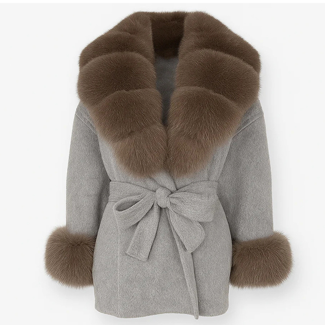 Abrigo Lana con Cuello Pelo – Cinturón Elegante Gris/Negro/Beige | Sofisticación Urbana