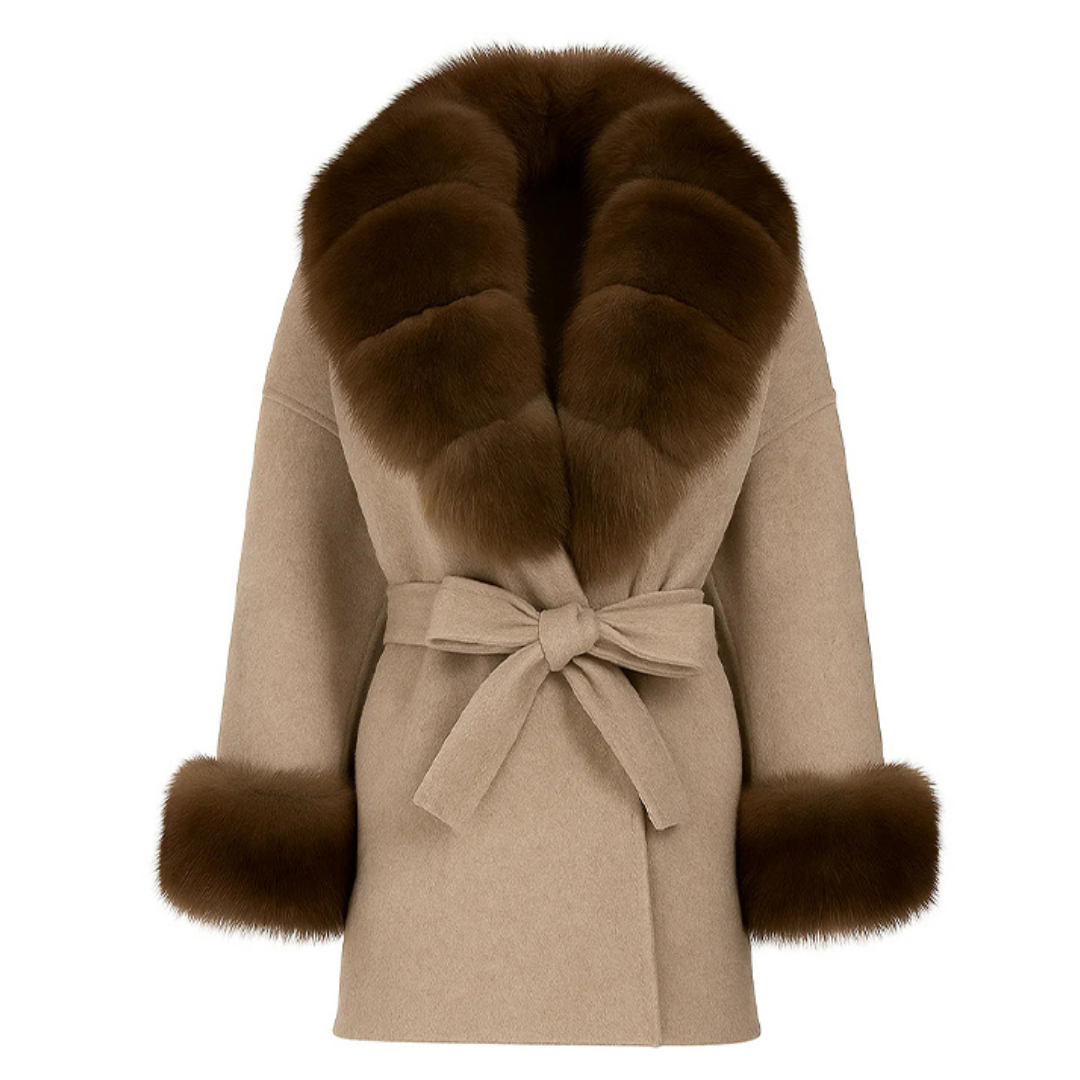 Abrigo Lana con Cuello Pelo – Cinturón Elegante Gris/Negro/Beige | Sofisticación Urbana