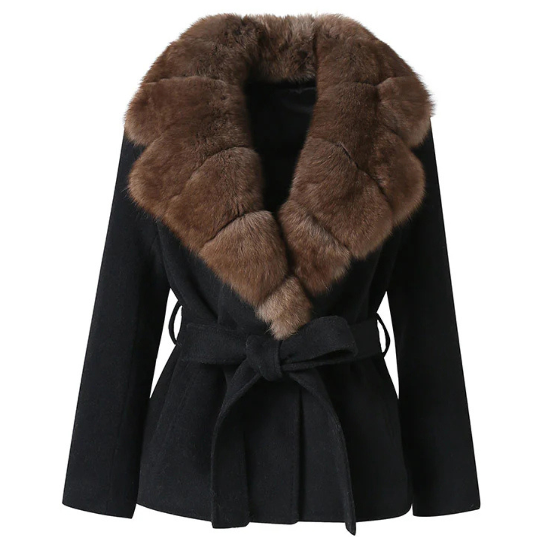 Abrigo Lana con Cuello Pelo – Cinturón Elegante Gris/Negro/Beige | Sofisticación Urbana