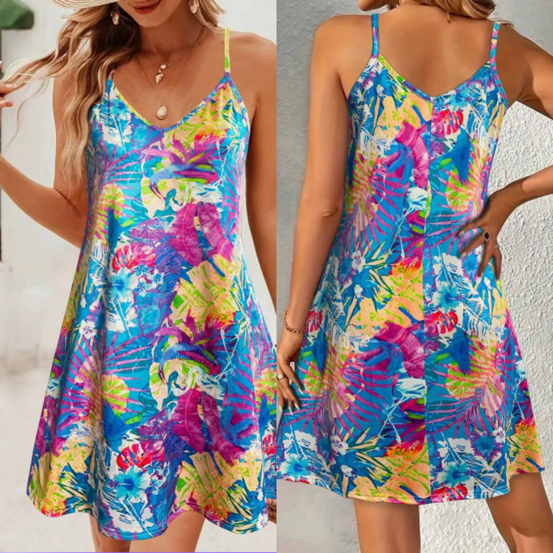 Vestido Tropical Breeze™ – Escote en V y Espalda Abierta