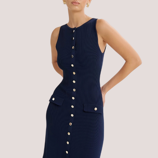 Elea | Vestido midi de punto con botones dorados