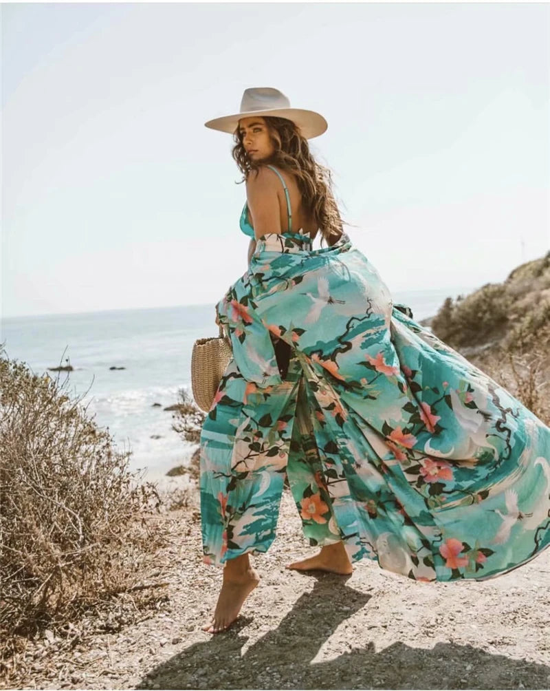 Kimono Pacific Cranes – Verde Esmeralda con Estampado Oriental