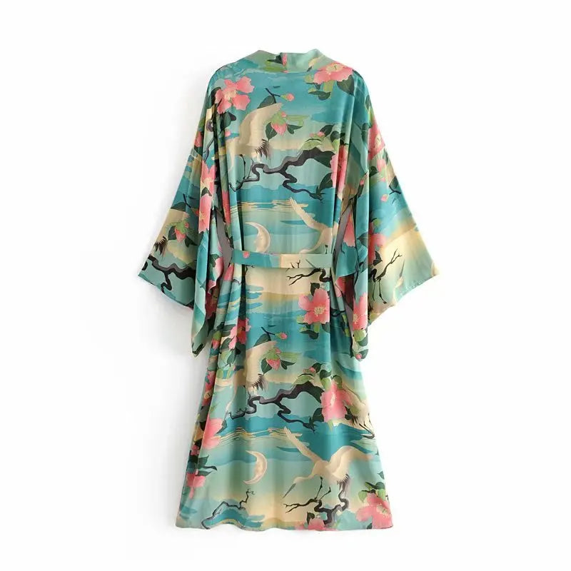 Kimono Pacific Cranes – Verde Esmeralda con Estampado Oriental