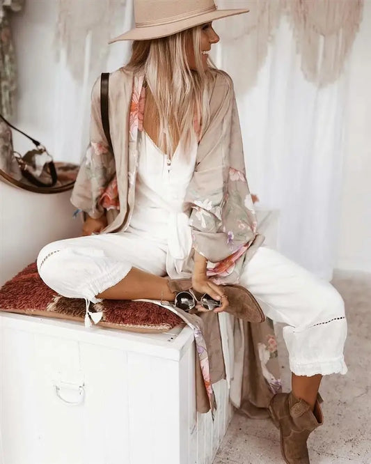 Kimono Boho Festival – Beige con Estampado Floral y Aves Exóticas